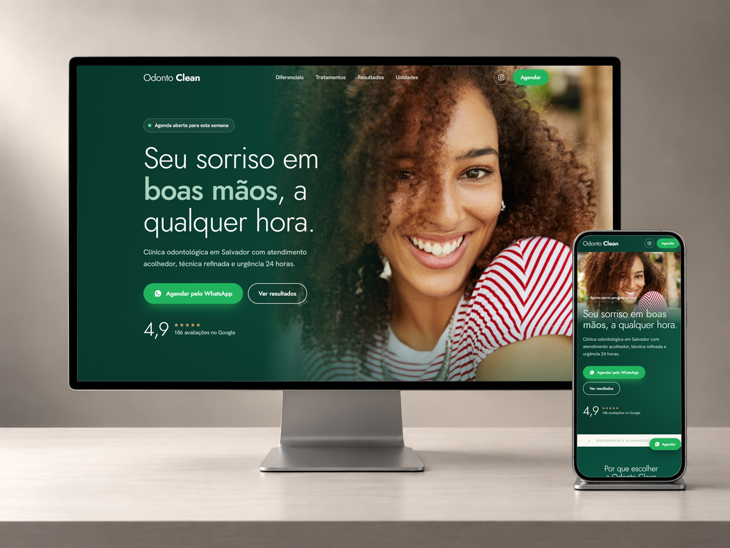Site verde da Odonto Clean exibido em computador e celular
